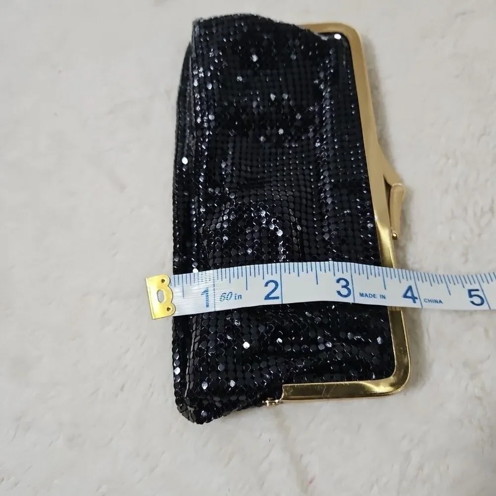 Whiting & Davis Black Mesh Evening Clutch Gold Kiss Lock 7.5”x4” Made In USA EUC